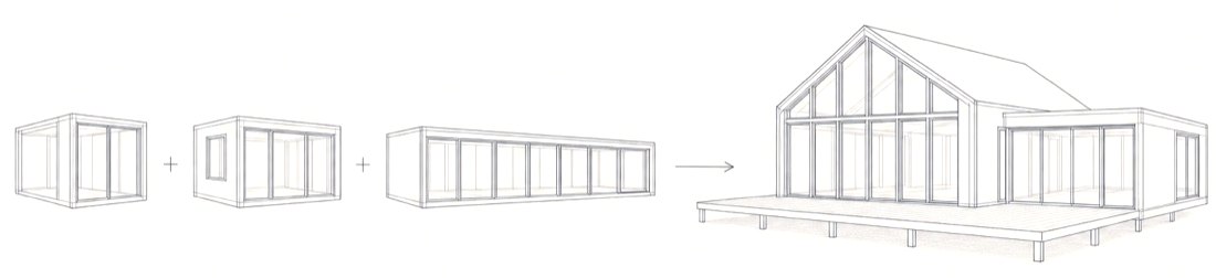 Three modular units combining into a finished house with a pitched roof and a deck